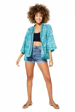 Kimono manches 3/4 bleu motif végétal- KIMIP0002A
