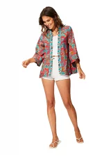 Kimono manches 3/4 orange motif bohème - KIMIP0002B