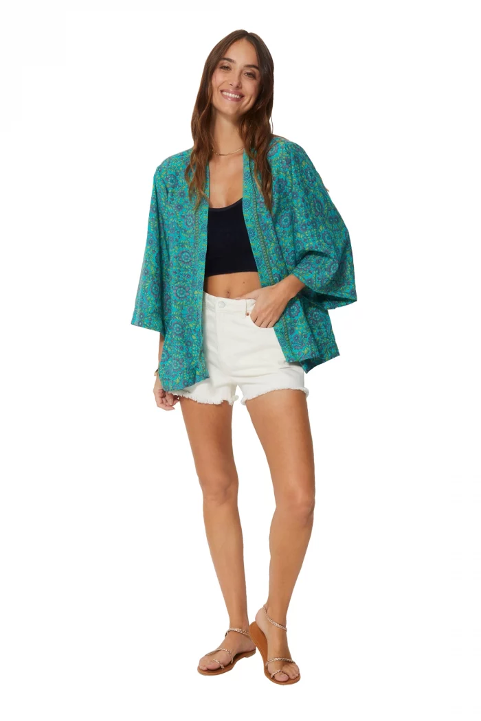 Kimono manches 3/4 vert motif fleuri - MCKIM0001F – Image 1