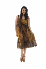 Robe mi-longue marron motif jaune - ROP0141C
