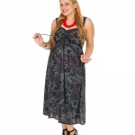 Robe grise avec fleurs noir et rouge - ROP0159C
