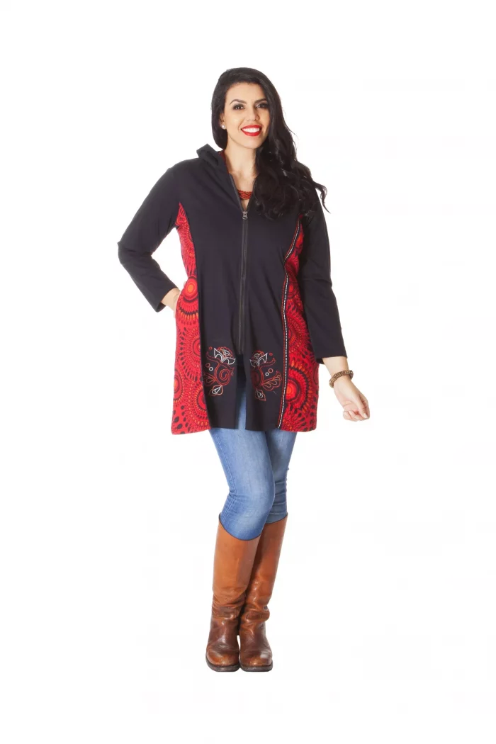 Gilet long à capuche noir motif rouge - SWP0208 – Image 1