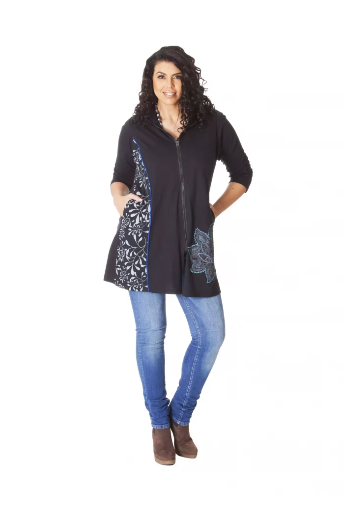 Gilet long à capuche noir motif blanc - SWP0210 – Image 1