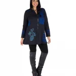 Gilet long zippé noir motif ethnique bleu - SWP0213