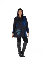 Gilet long zippé noir motif ethnique bleu - SWP0213