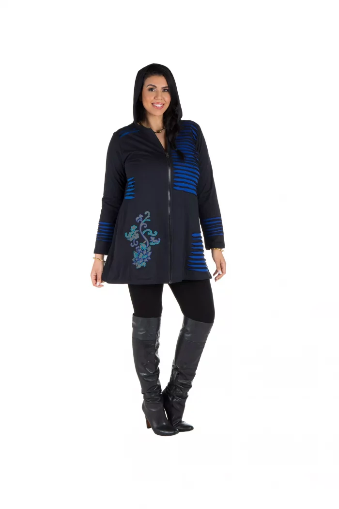 Gilet long zippé noir motif ethnique bleu - SWP0213 – Image 1