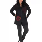Gilet long zippé noir motif ethnique rouge - SWP0311