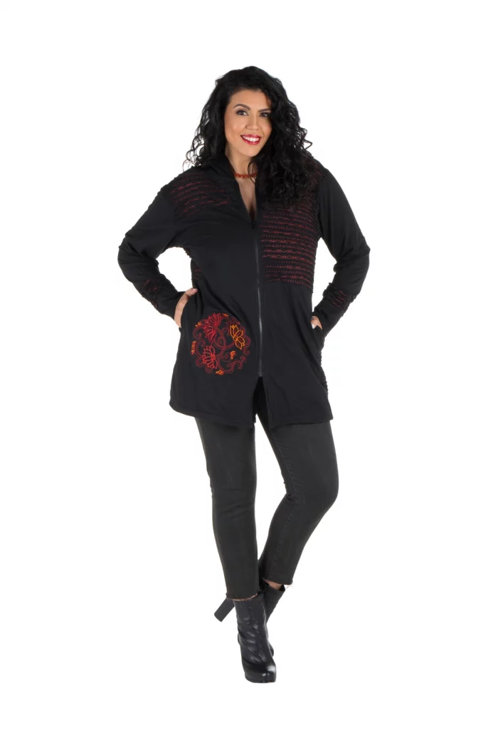 Gilet long zippé noir motif ethnique rouge - SWP0311 – Image 1