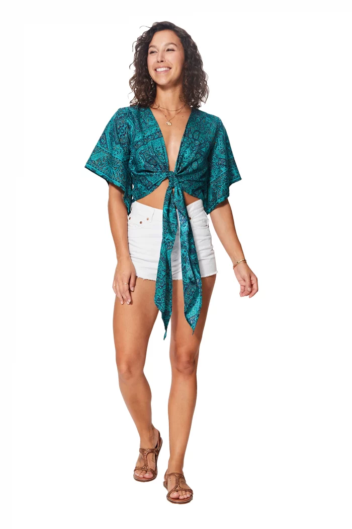 Top à nouer à manches courte Bleue bohème - TIP0046A – Image 1
