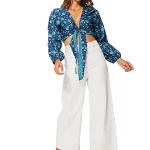 Top à nouer à manches longues Bleue à fleurs - TIP0045B