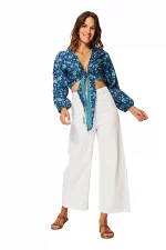 Top à nouer à manches longues Bleue à fleurs - TIP0045B