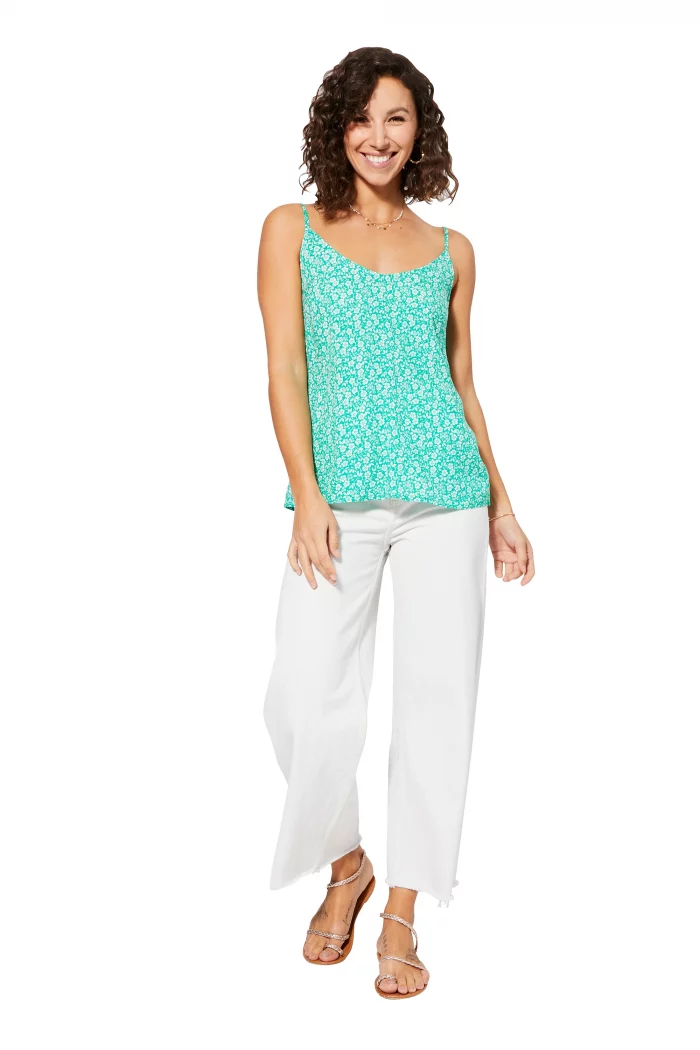 Top ample à bretelles Vert turquoise à fleurs blanches - TIPV0001B – Image 1
