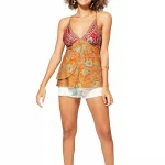 Top ajusté à bretelles Rouge orange à motifs verts - TIP2000C