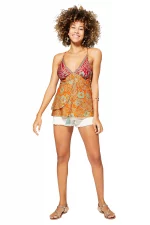 Top ajusté à bretelles Rouge orange à motifs verts - TIP2000C