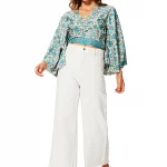 Top à nouer à manches longues Blanc fleuri - TIP0047B