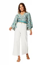 Top à nouer à manches longues Blanc fleuri - TIP0047B