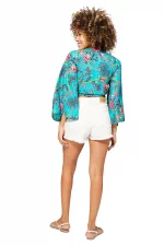 Top à nouer à manches longues Turquoise fleuri - TIP0047A – Image 2
