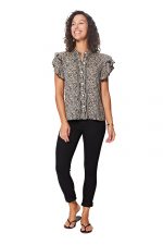 Top à manches courtes à volants Noir à fleurs - TIP0049A