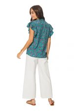 Top à manches courtes à volants Turquoise à fleurs - TIP0049B – Image 2