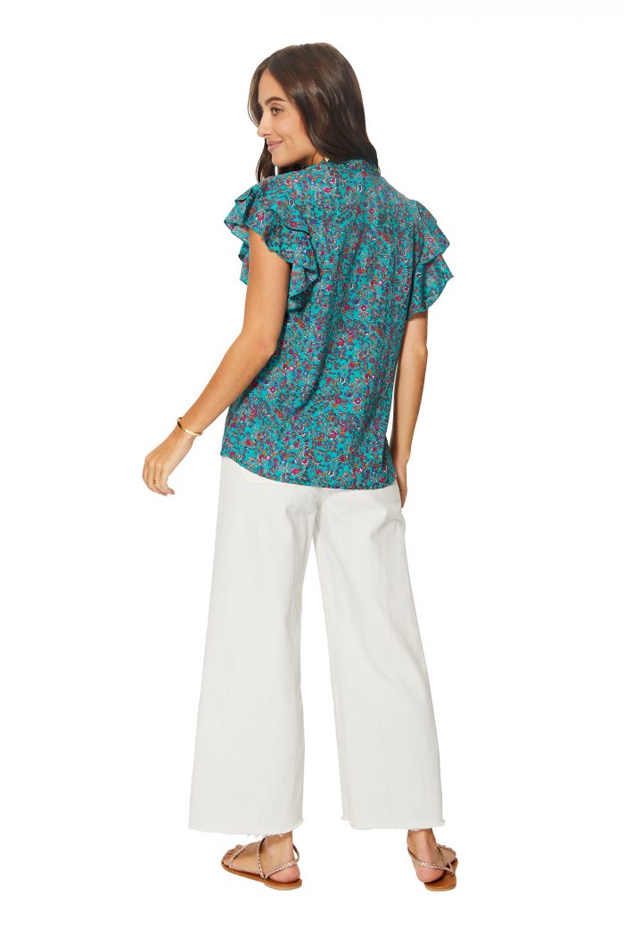 Top à manches courtes à volants Turquoise à fleurs - TIP0049B – Image 2