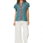 Top à manches courtes à volants Turquoise à fleurs - TIP0049B