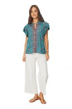 Top à manches courtes à volants Turquoise à fleurs - TIP0049B