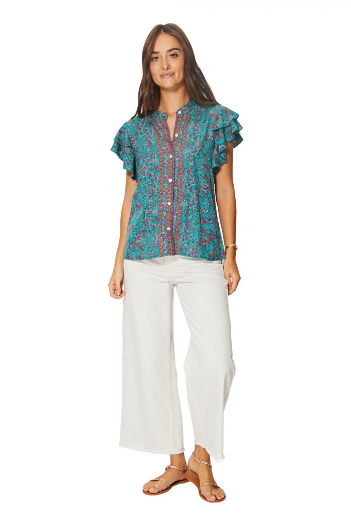 Top à manches courtes à volants Turquoise à fleurs - TIP0049B – Image 1