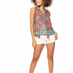 Top à pompons sans manches Rouge et turquoise - TIP0036A