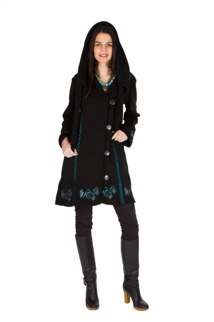 Manteau polaire noir motif bleu ethnique - VE4532 – Image 1