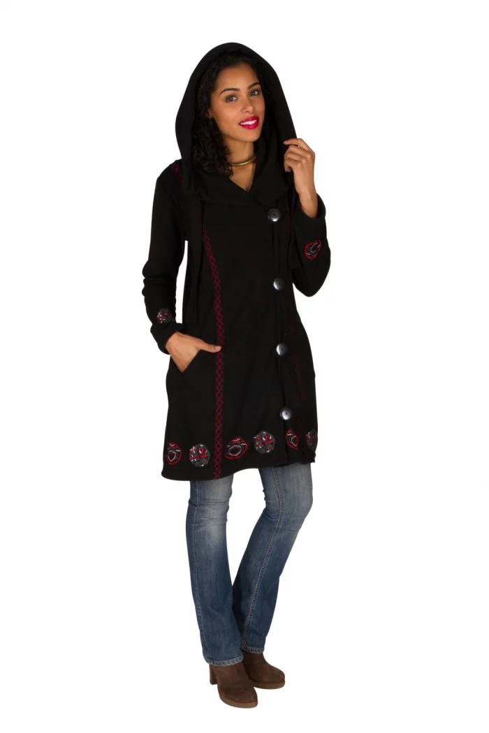 Manteau polaire noir motif rouge ethnique - VE4534 – Image 1